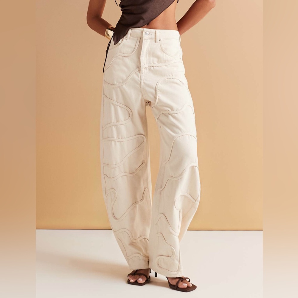 ASOS DESIGN high waisted barrel leg jeans in ecru with tonal swirl detailing